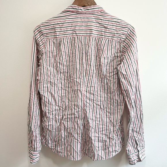 Frank & Eileen Barry Crinkle Button Down Shirt Striped Long Sleeve Pink Green, S - Picture 8 of 14